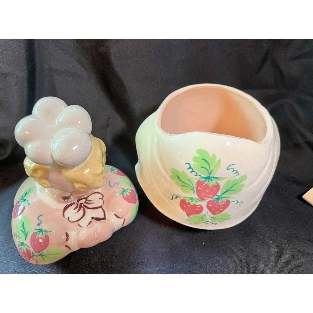 Vintage American Bisque Strawberry Girl Cookie Jar Pink Dress Hand Painted 1940s